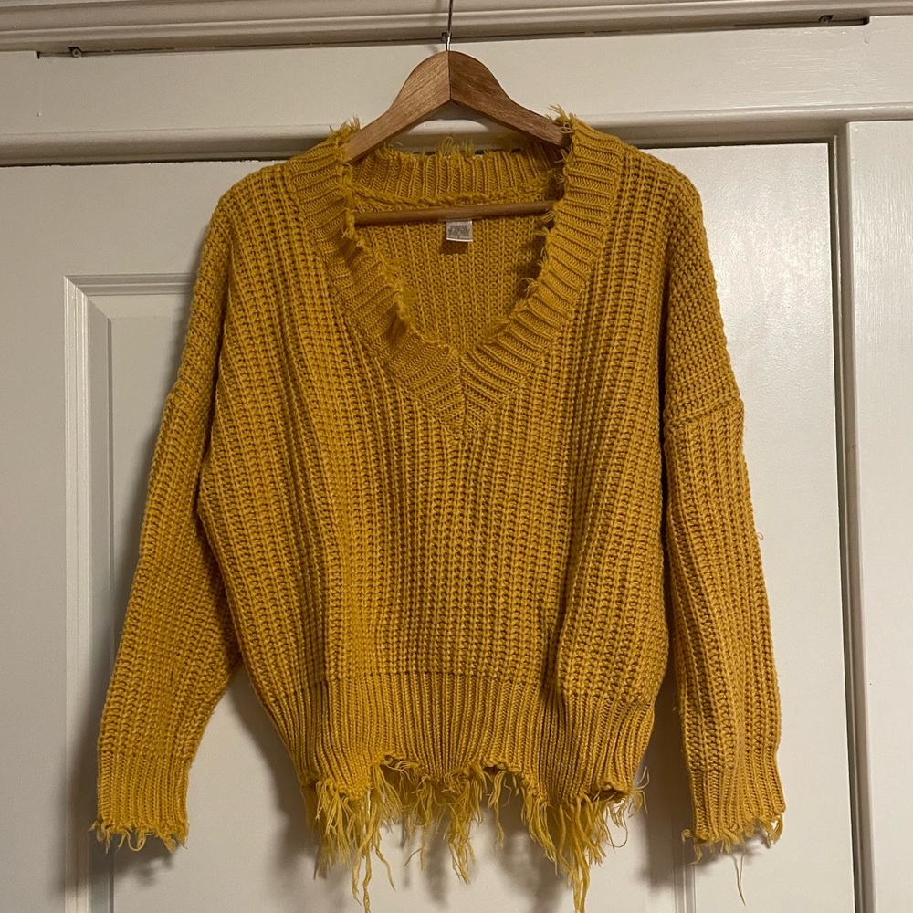 Mustard Yellow Distressed Hem Sweater